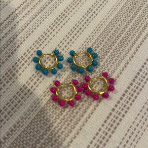 J Crew set of 2 Gold Hoop Earrings with Turquoise and Pink Beads